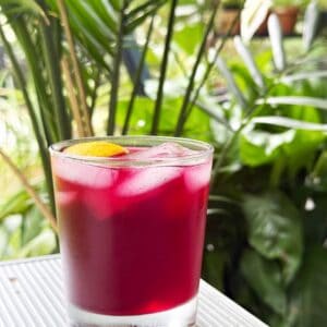 Homemade blueberry lemonade in a glass with ice