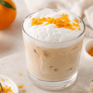 Iced coffee topped with homemade mandarin orange cream cold foam and fresh orange zest