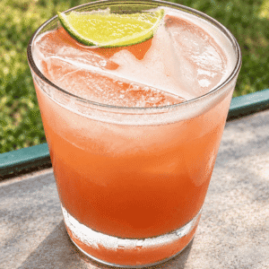 Easy Guava Rum Punch Cocktail recipe made in a glass with ice and garnished with a lime